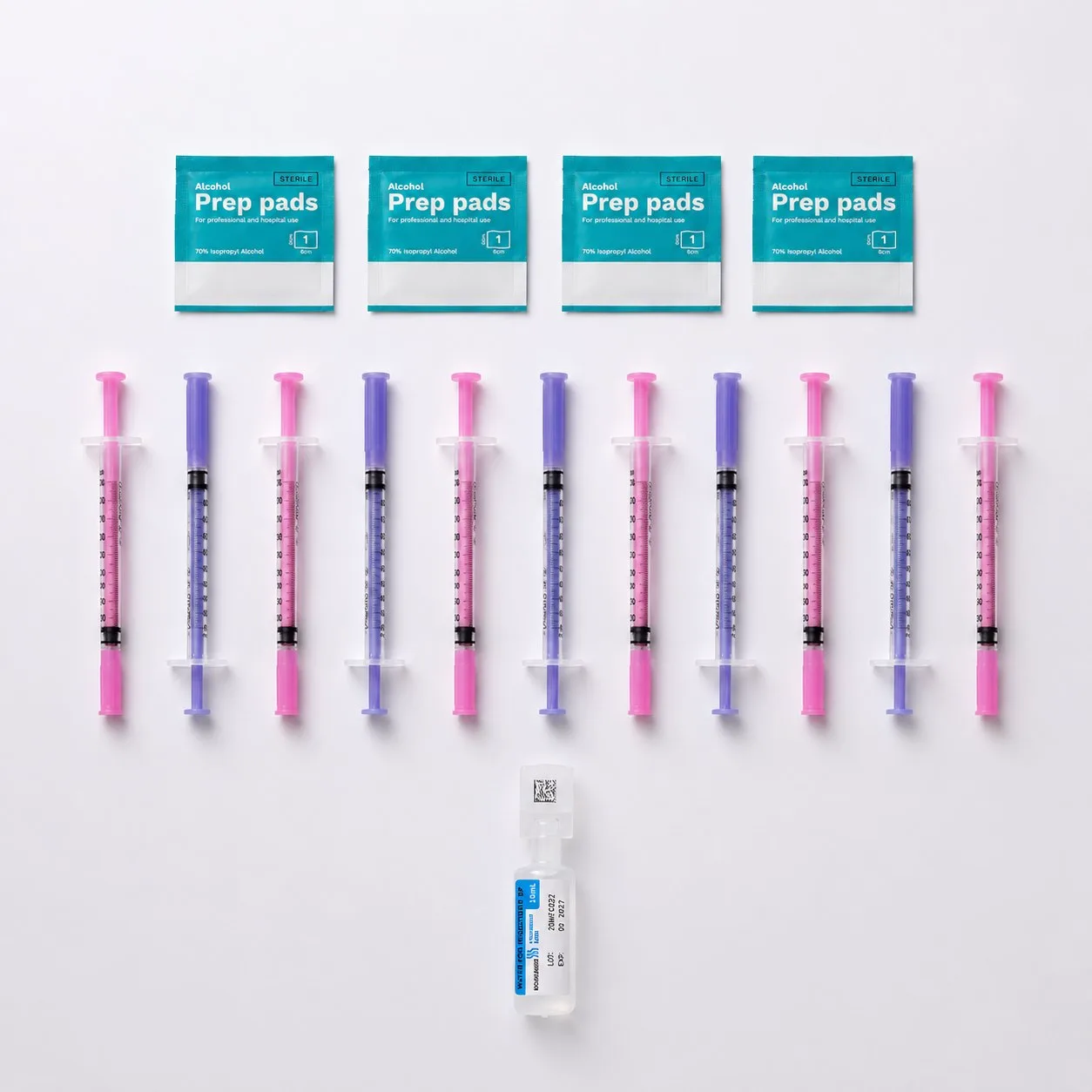 Essential starter kit with 29G insulin syringes, alcohol swabs and bacteriostatic water